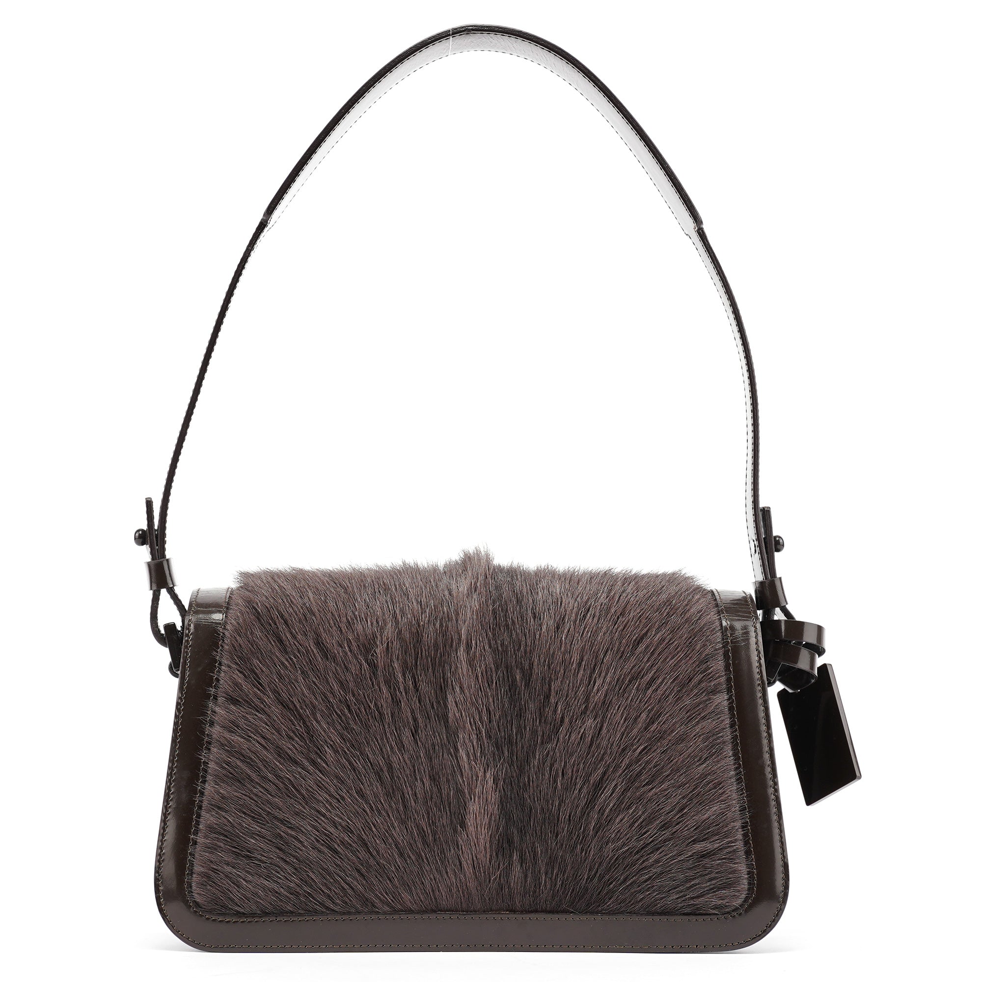 Brown Fur Patent Leather Shoulder Bag