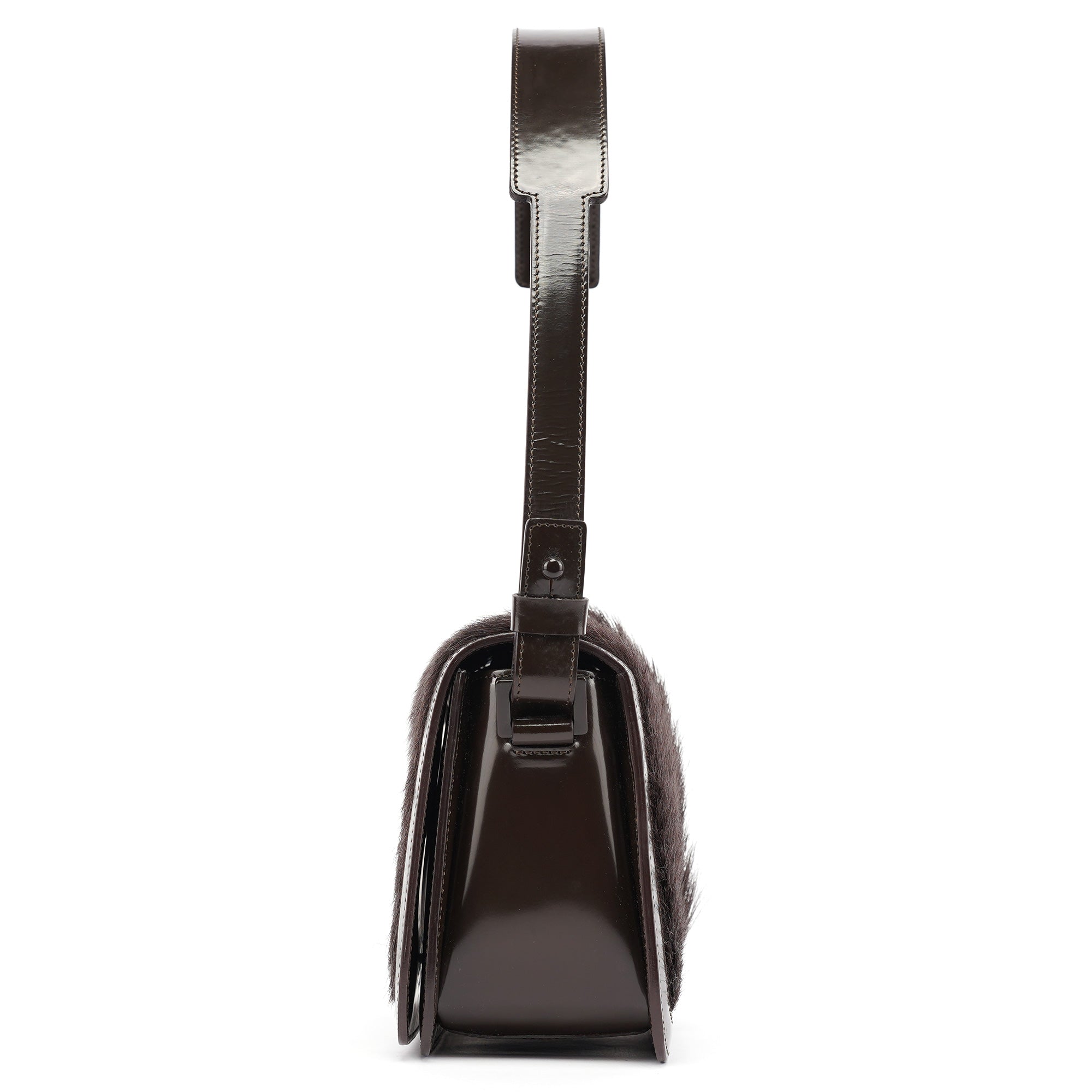 Brown Fur Patent Leather Shoulder Bag