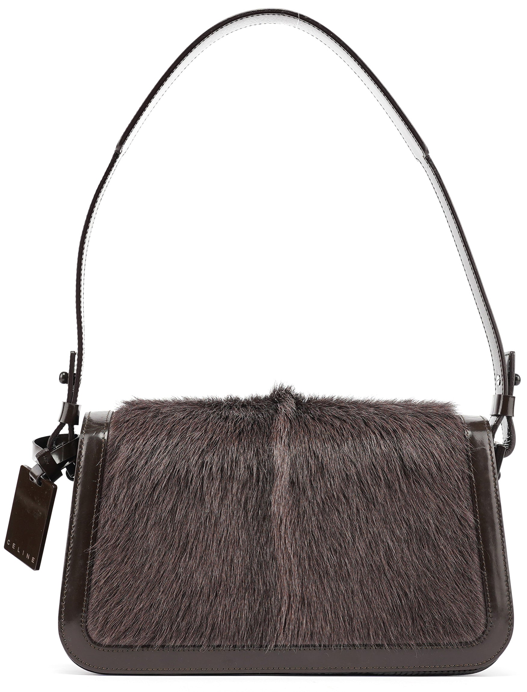 Brown Fur Patent Leather Shoulder Bag