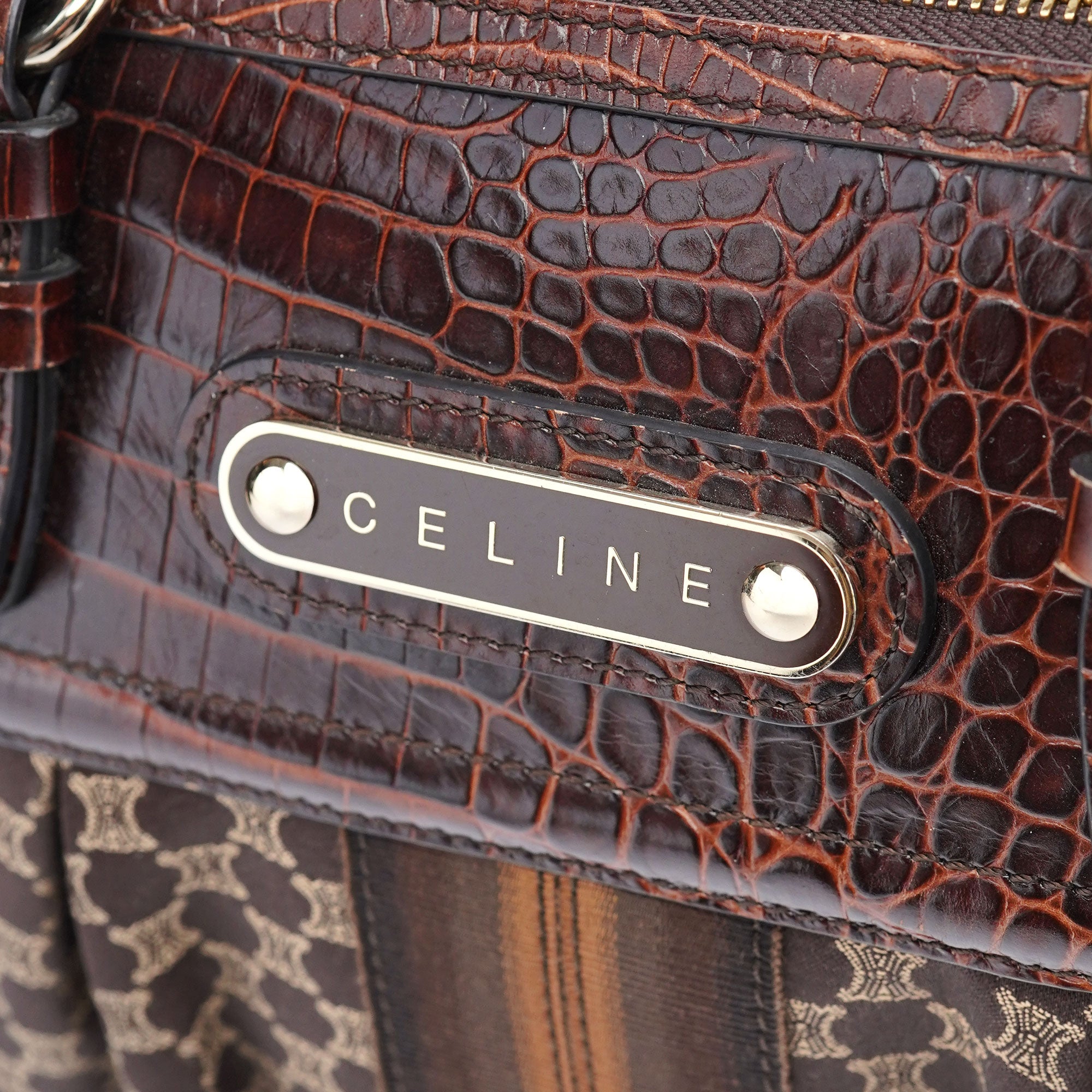 Brown Triomphe CC Croc Embossed Tote Bag