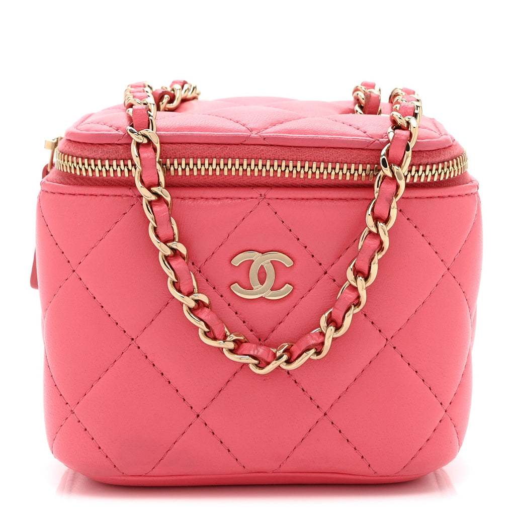 Lambskin Quilted Mini Vanity Case With Chain Pink