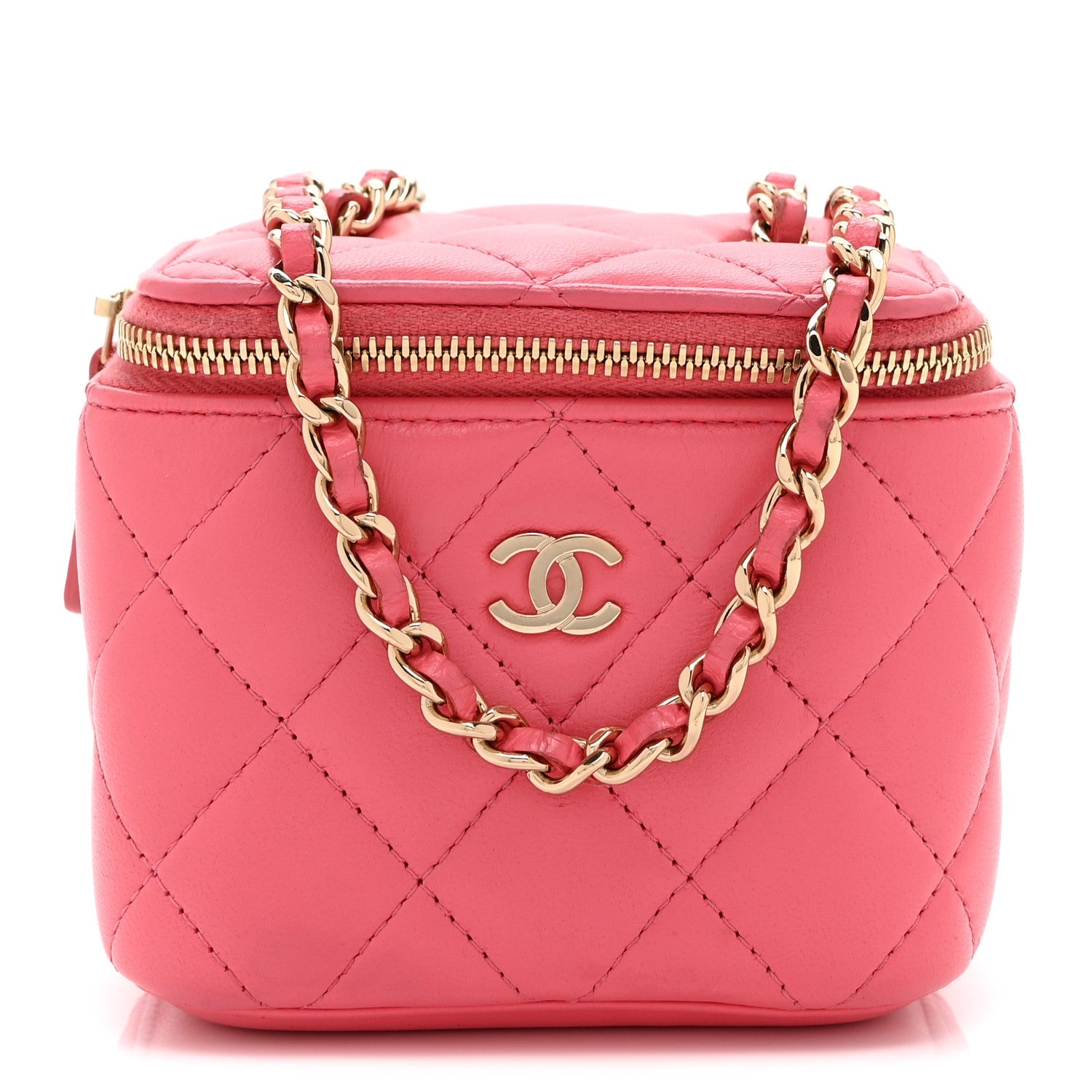 Lambskin Quilted Mini Vanity Case With Chain Pink