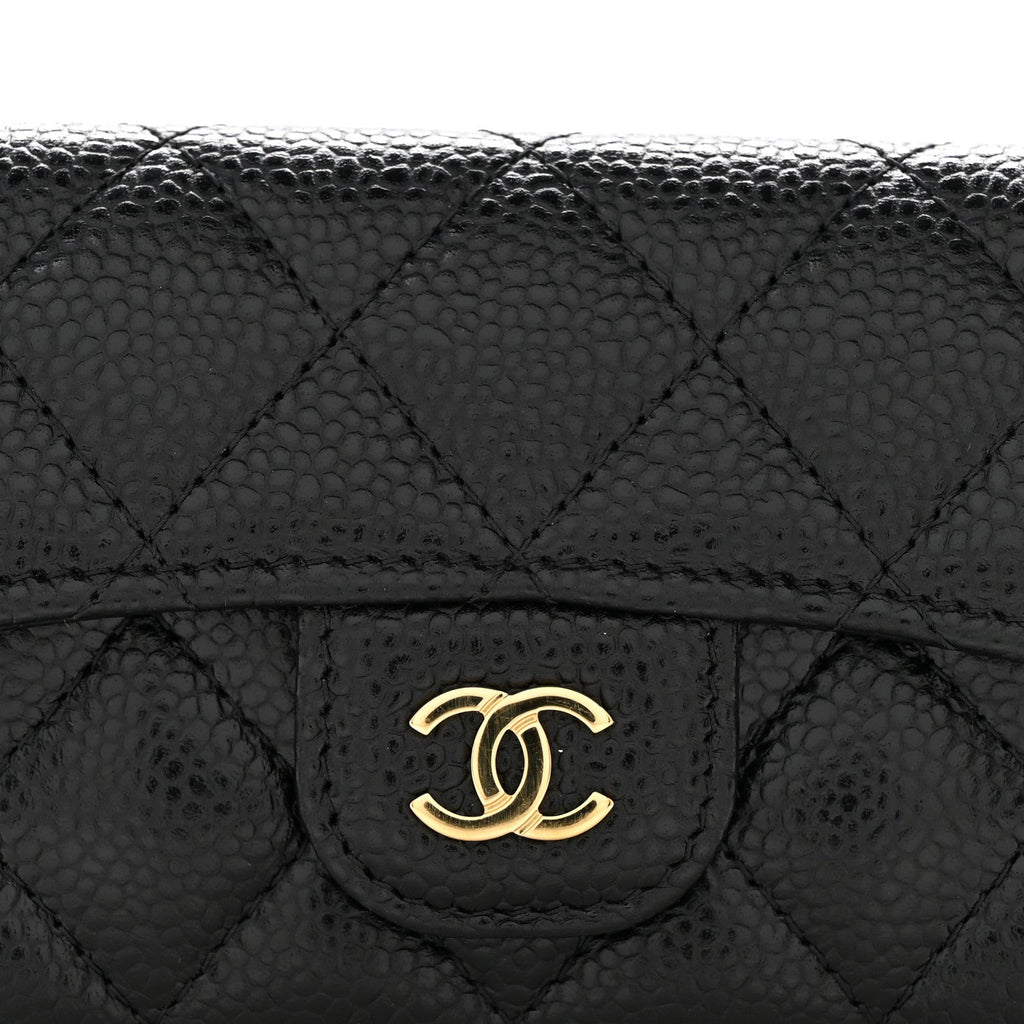 Caviar Quilted Flap Card Holder Wallet Black