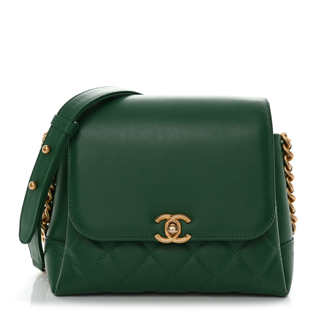 Calfskin Quilted Chain Flap Green