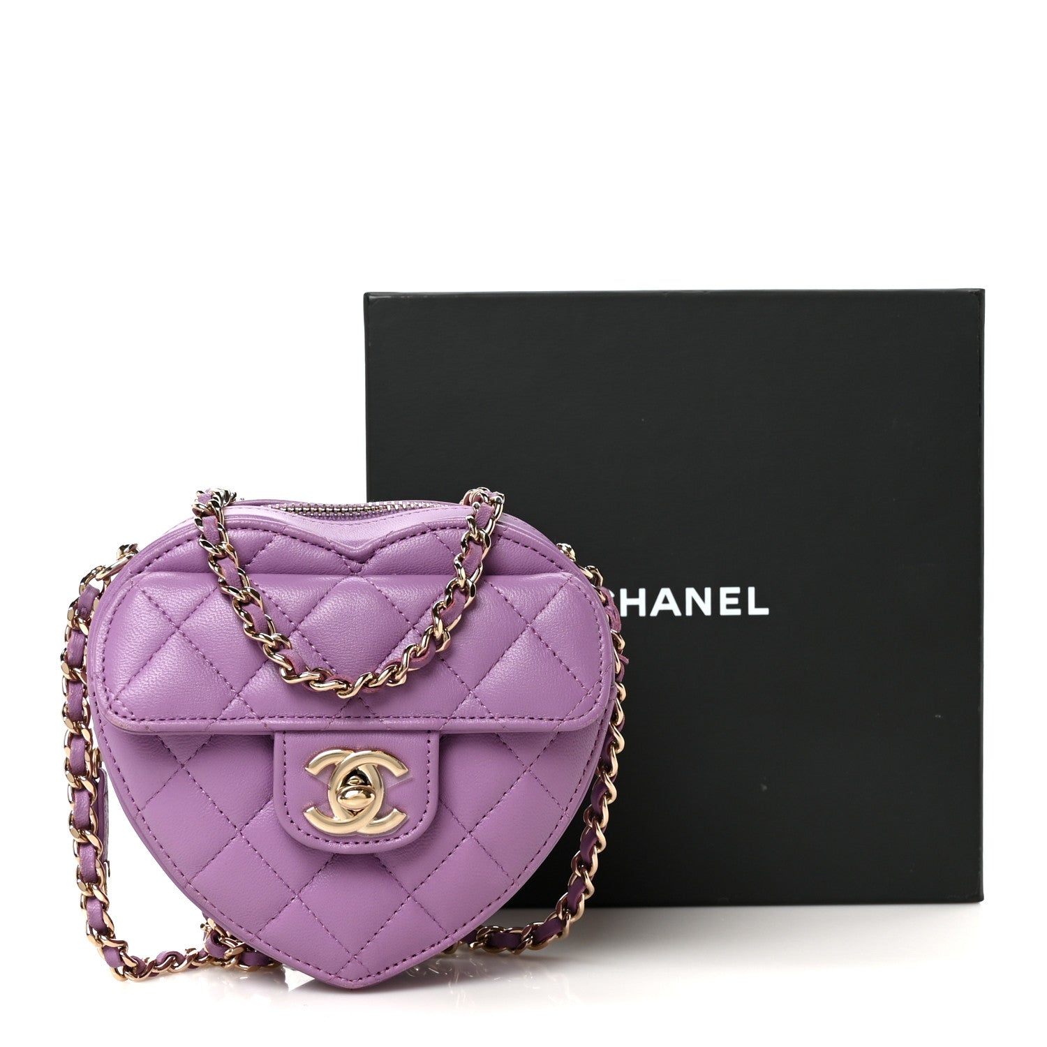Lambskin Quilted CC In Love Heart Clutch With Chain Purple