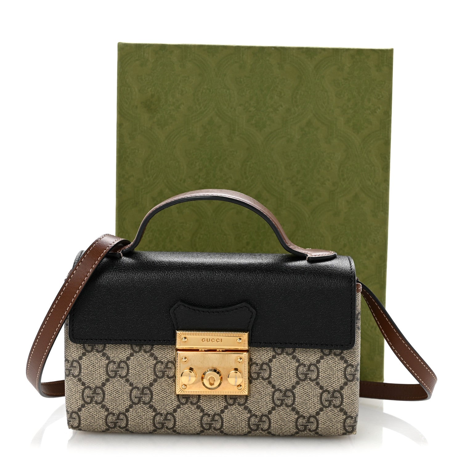 GG Supreme Monogram Calfskin Mini Padlock Top Handle Shoulder Bag Beige Black Cuir