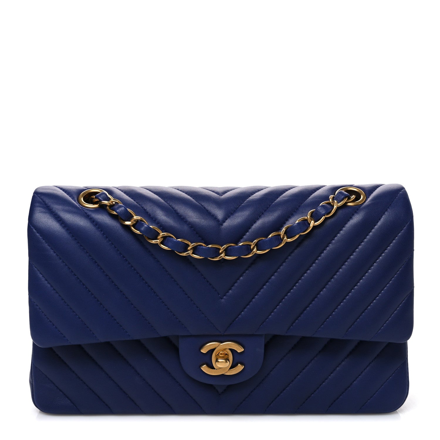 Lambskin Chevron Quilted Medium Double Flap Blue