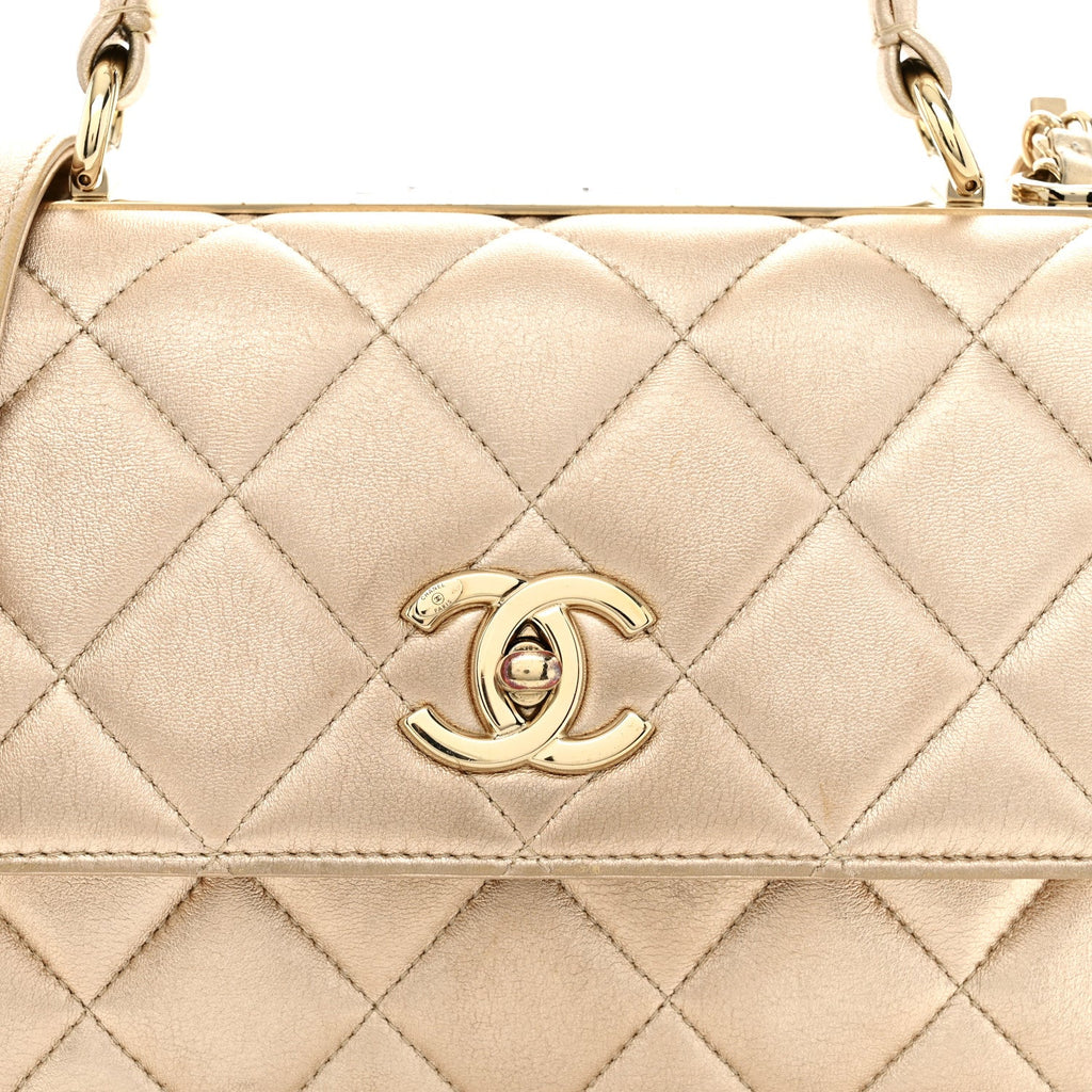 Metallic Lambskin Quilted Small Trendy CC Flap Dual Handle Bag Gold