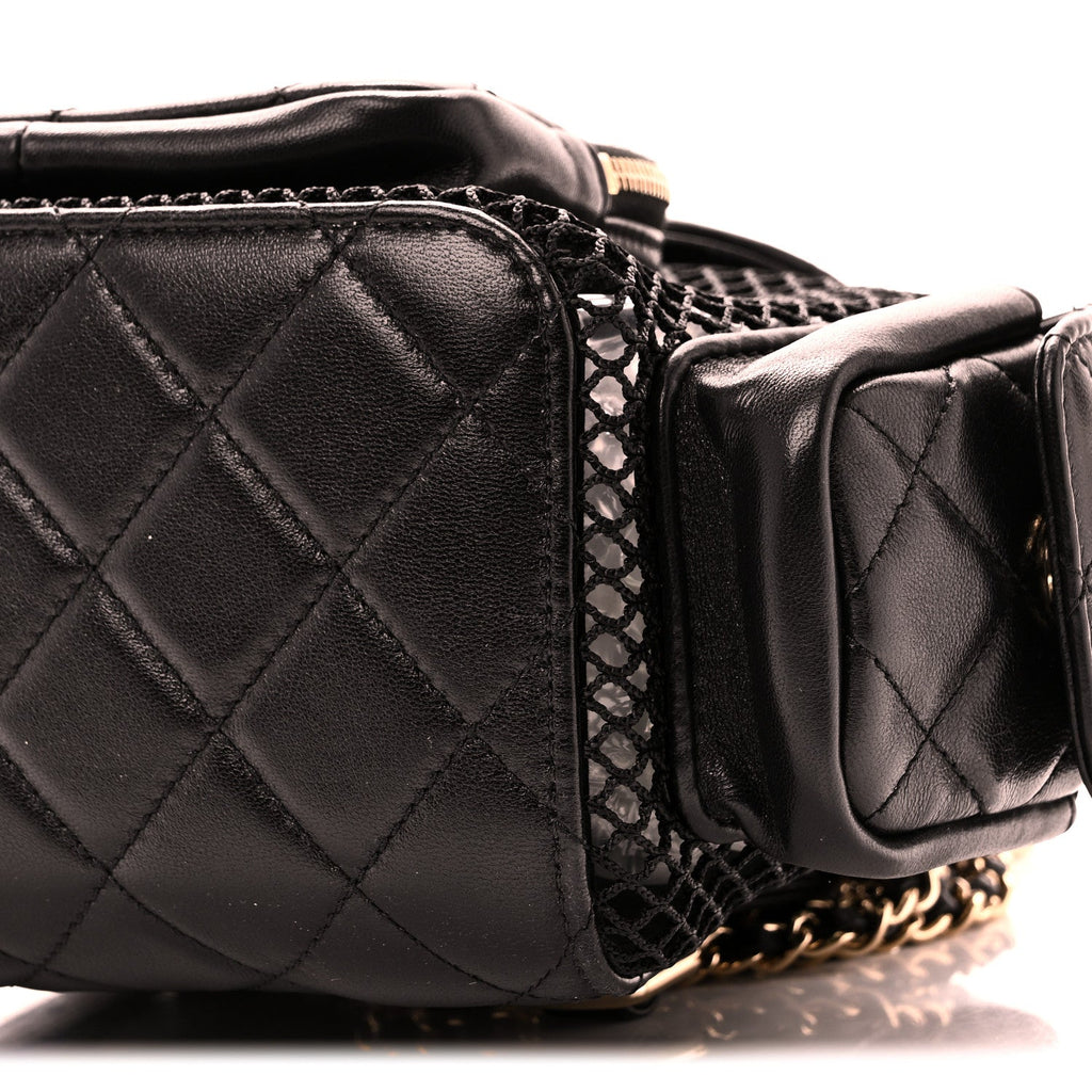Shiny Lambskin Mesh Quilted Small Cargo Duma Drawstring Backpack Black