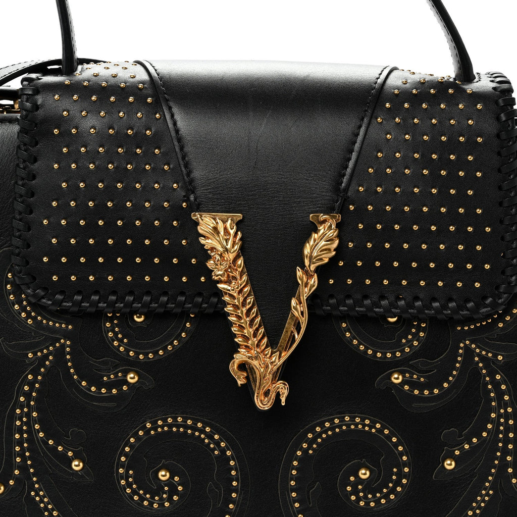 Vitello Western Studded Virtus Top Handle Shoulder Bag Black