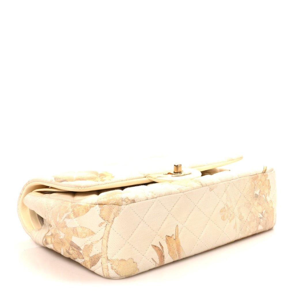 Denim Floral Printed Medium Double Flap Beige