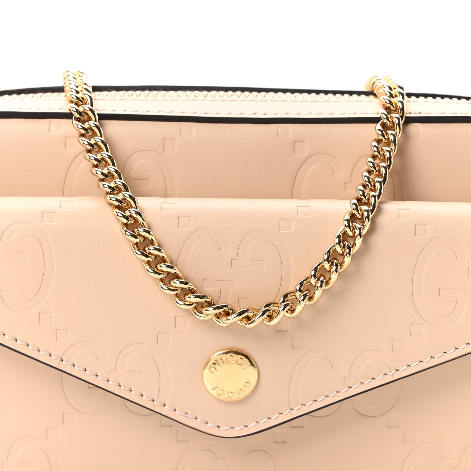 Calfskin GG Super Mini Debossed Chain Wallet Light Beige