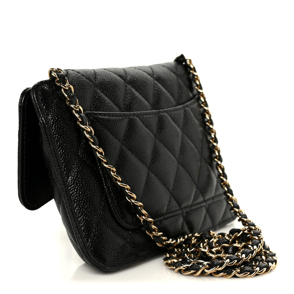 Caviar Fabric Foldable Tote Bag With Chain Black Multicolor