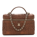 Braided Raffia Quilted Top Handle Slim Vanity With Chain Brown