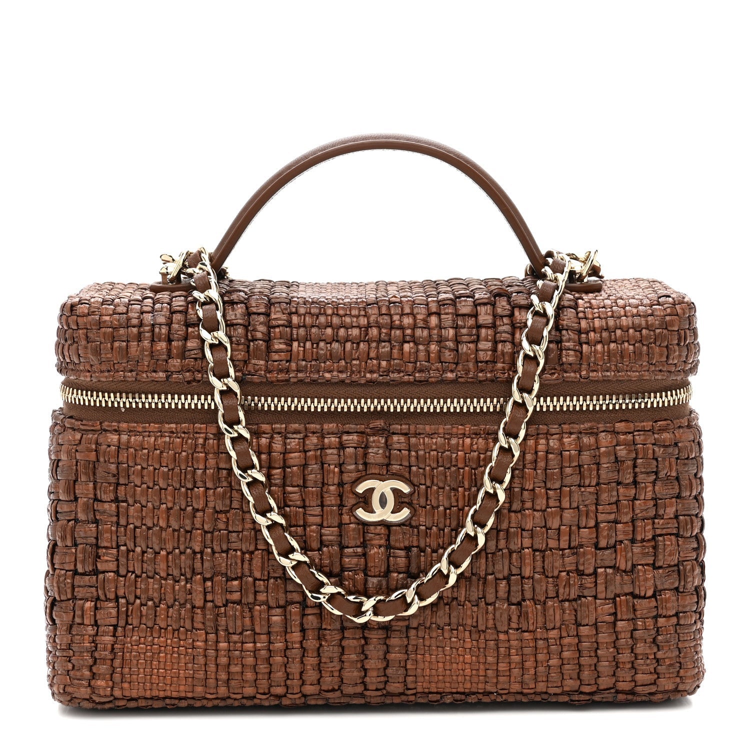 Braided Raffia Quilted Top Handle Slim Vanity With Chain Brown