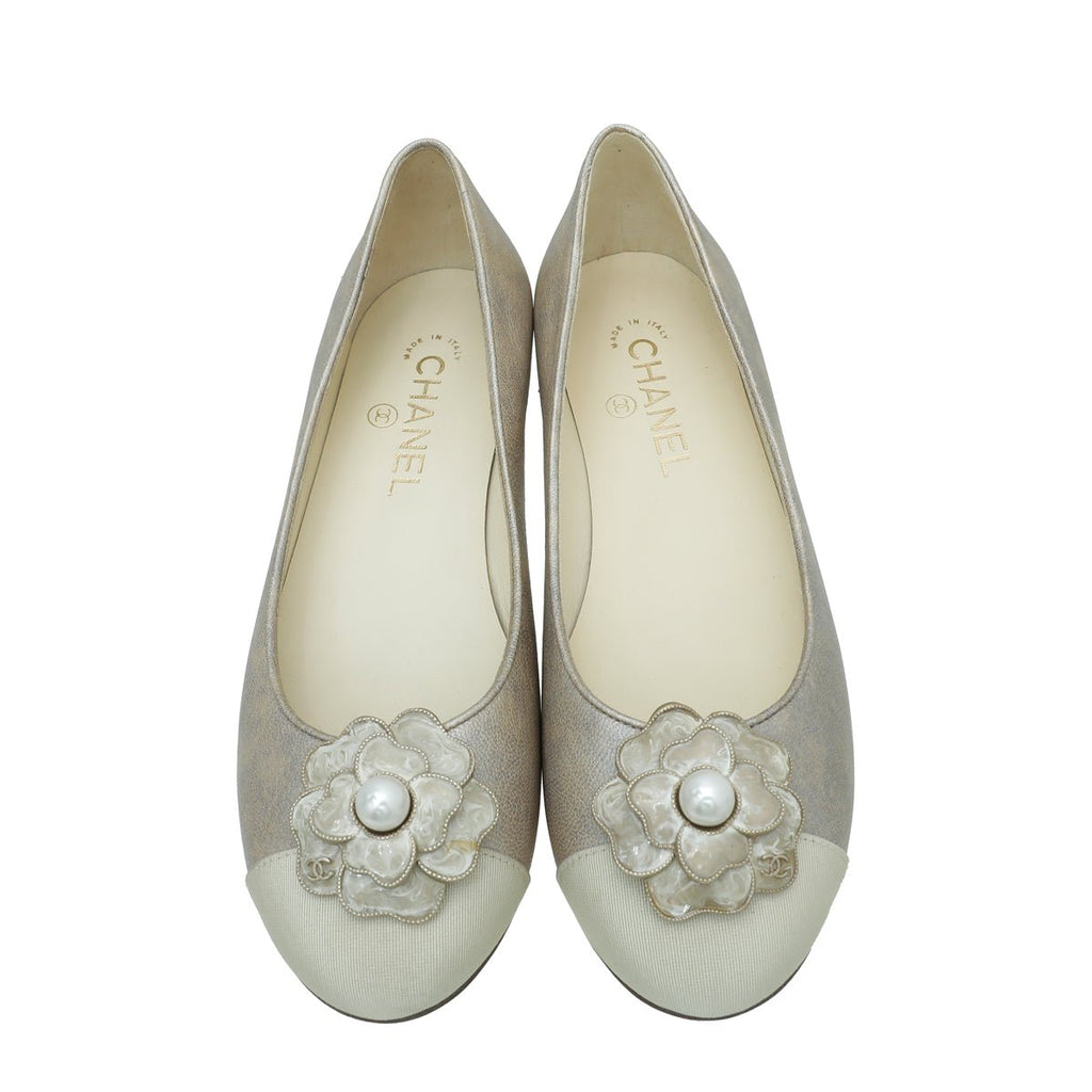 Chanel Beige Camellia Pearl Ballet Flats 37.5