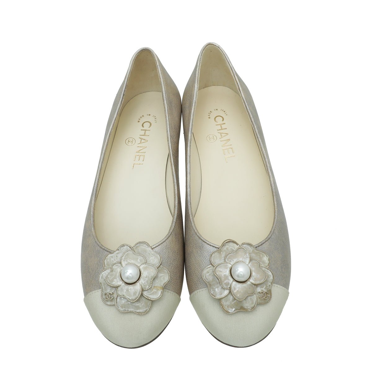 Chanel Beige Camellia Pearl Ballet Flats 37.5