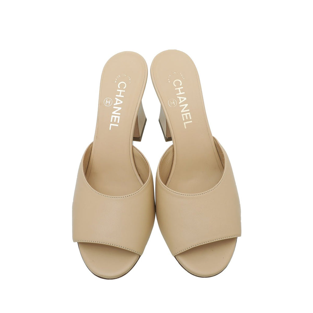 Chanel Beige CC Chain Heeled Mules 38.5