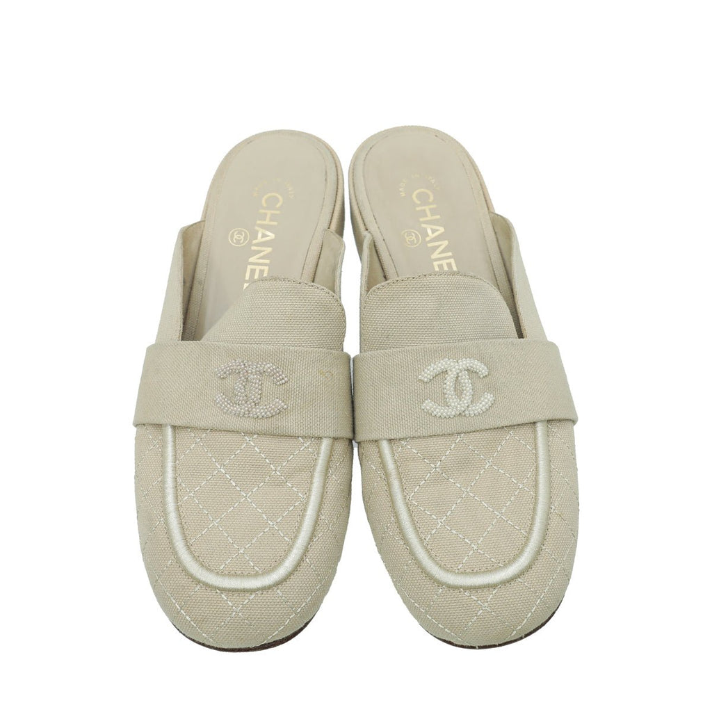 Chanel Beige CC Pearl Slide Mules 38