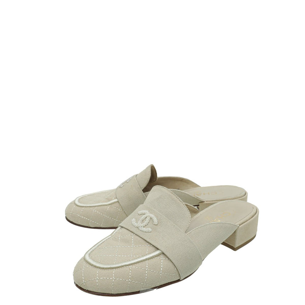 Chanel Beige CC Pearl Slide Mules 38
