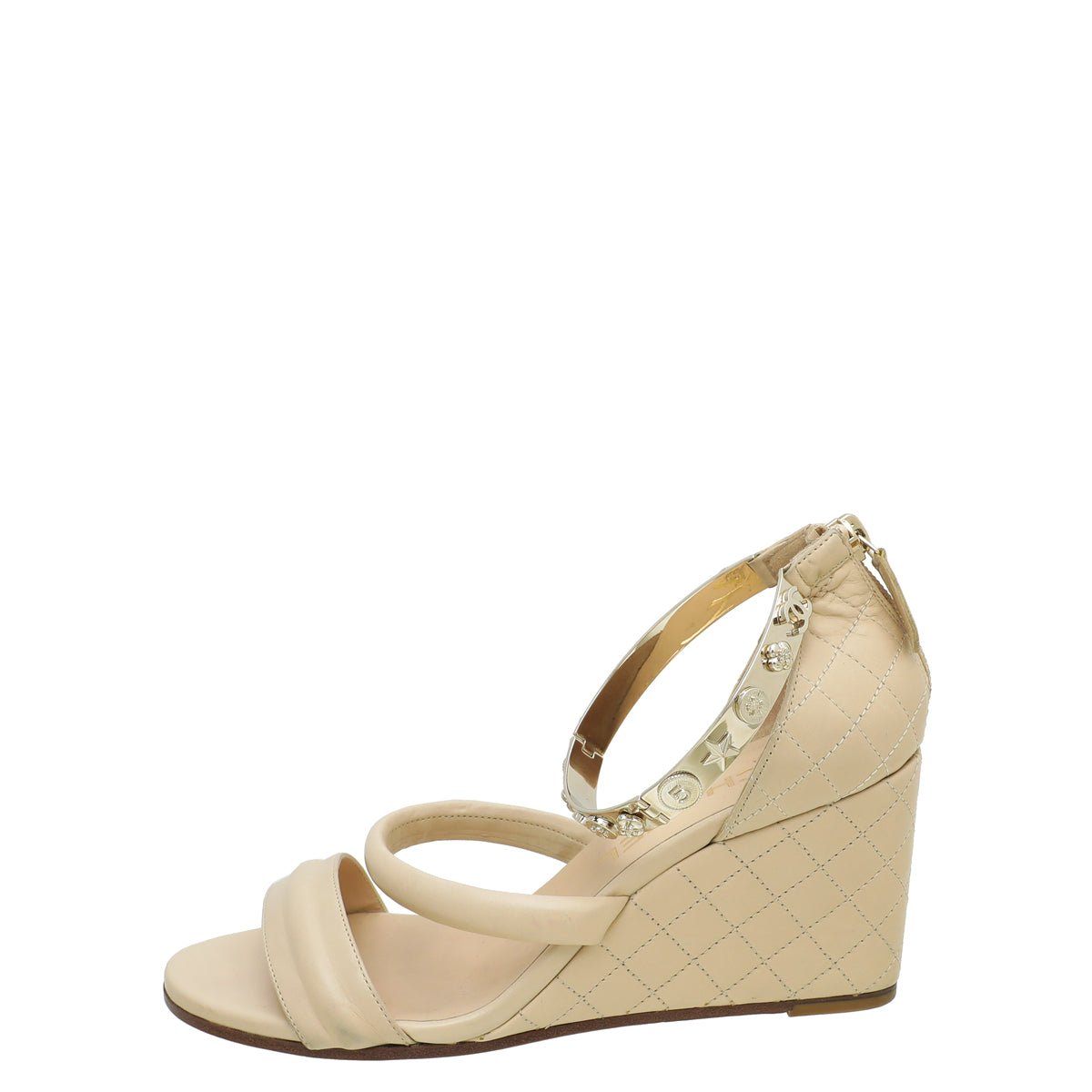 Chanel Beige CC Quilted Ankle Bracelet Wedge Sandal 37