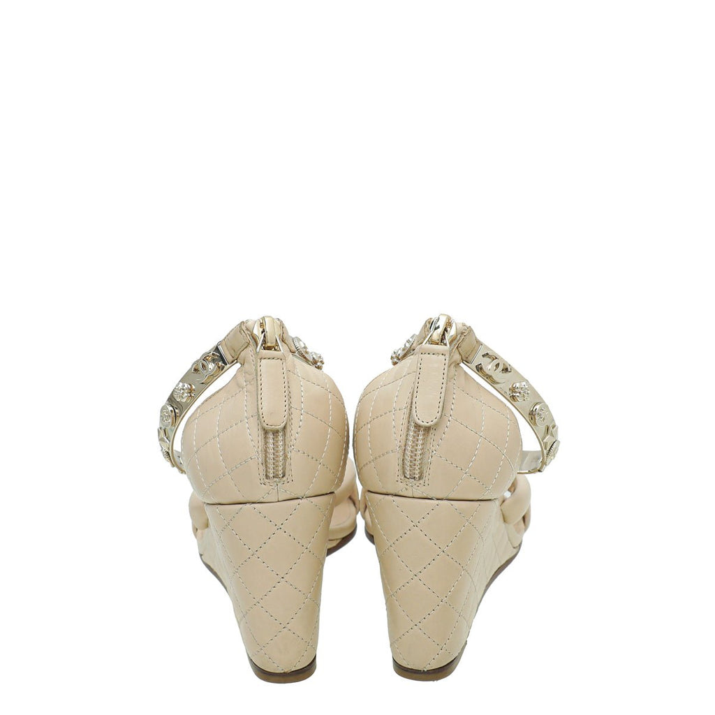 Chanel Beige CC Quilted Ankle Bracelet Wedge Sandal 37