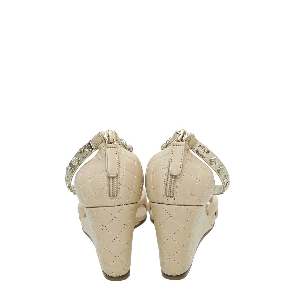 Chanel Beige CC Quilted Ankle Bracelet Wedge Sandal 37