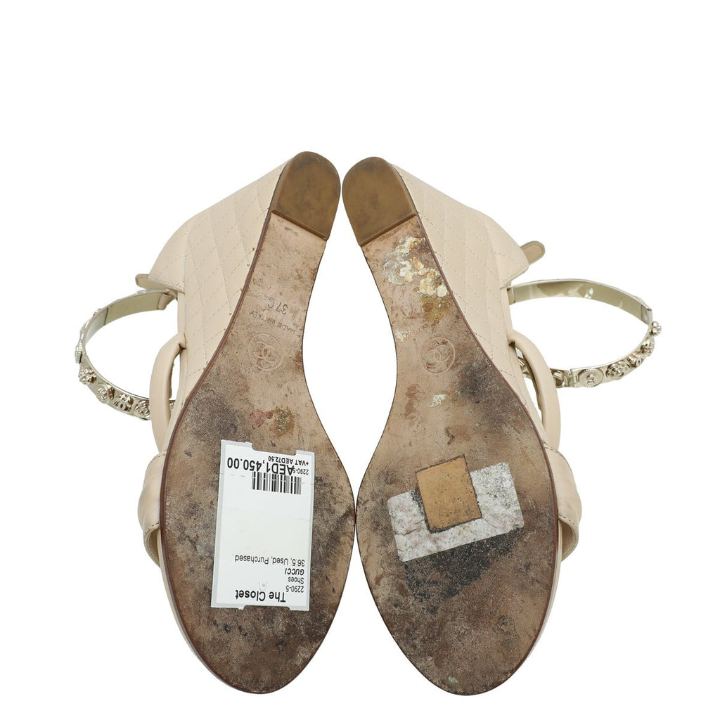 Chanel Beige CC Quilted Ankle Bracelet Wedge Sandal 37
