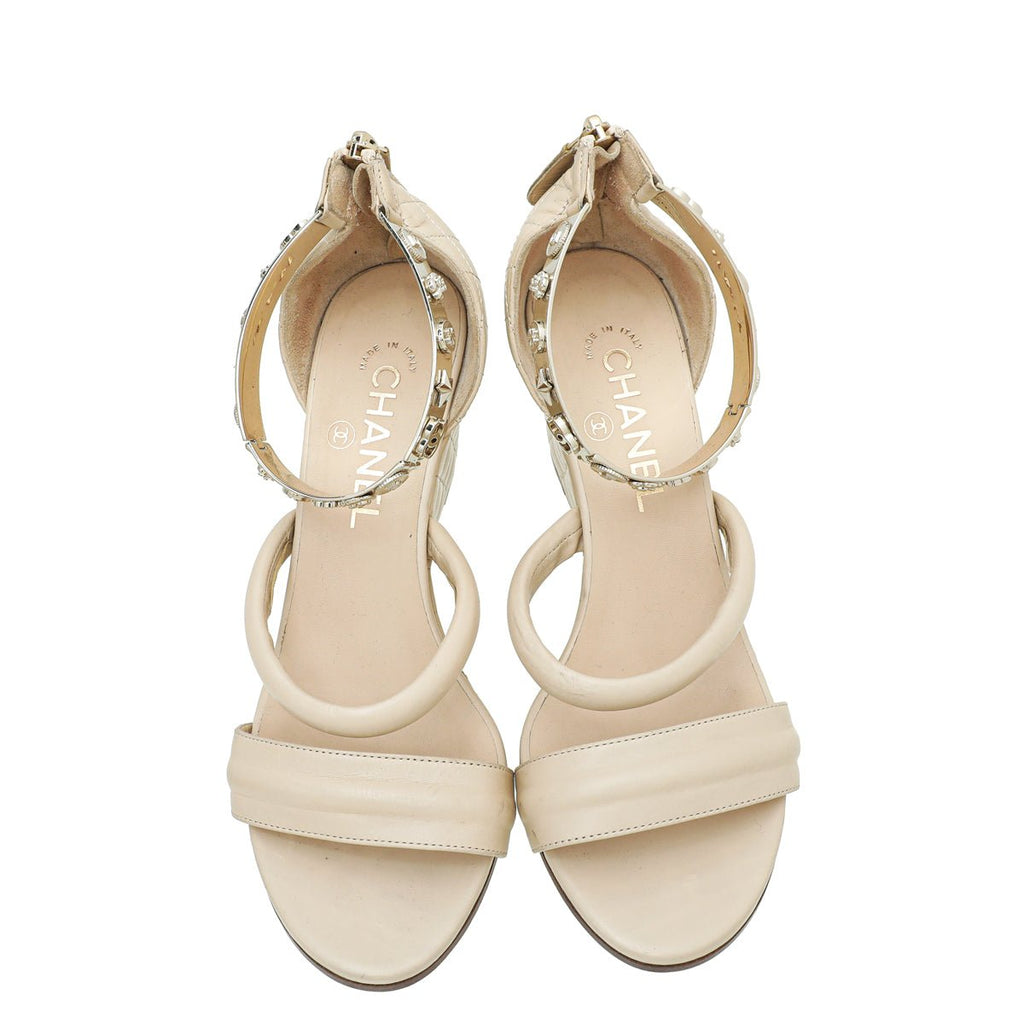 Chanel Beige CC Quilted Ankle Bracelet Wedge Sandal 37