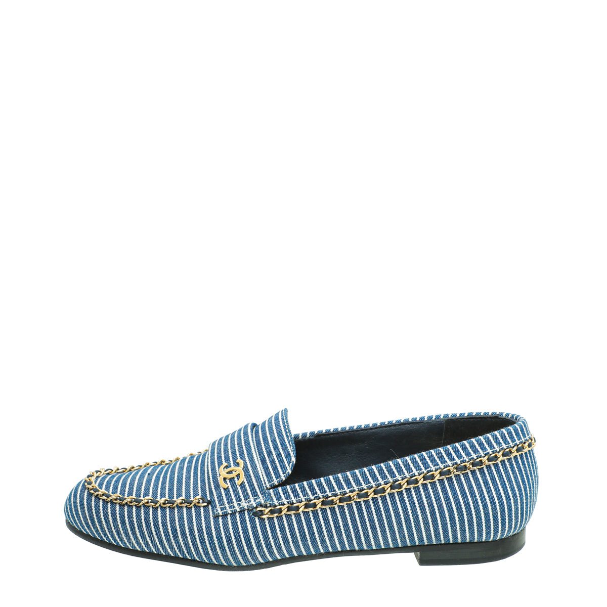 Chanel Bicolor Denim Stripe CC Chain Around Loafers 39.5