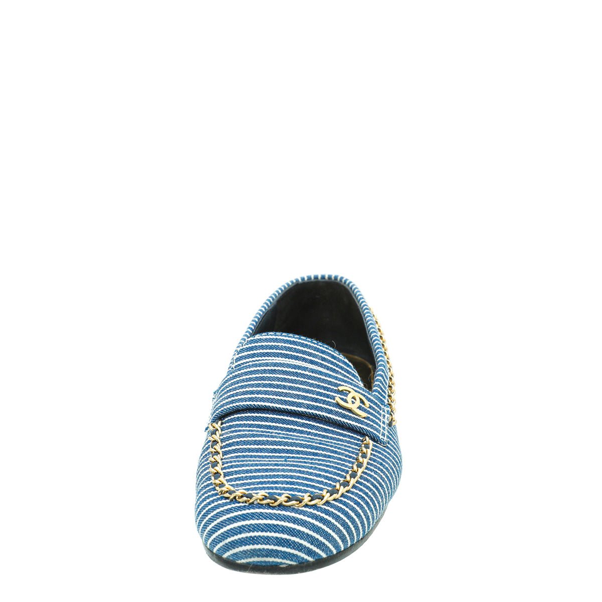 Chanel Bicolor Denim Stripe CC Chain Around Loafers 39.5