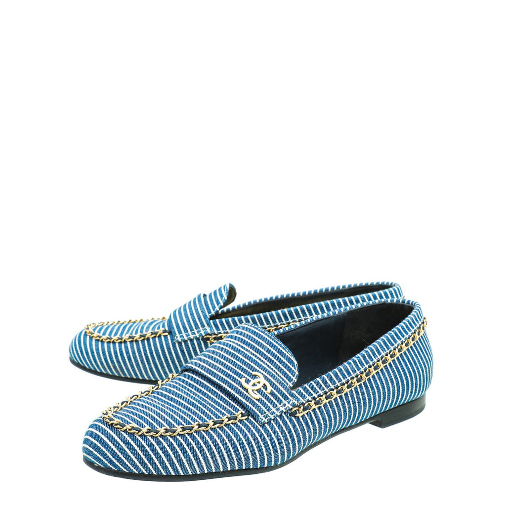 Chanel Bicolor Denim Stripe CC Chain Around Loafers 39.5