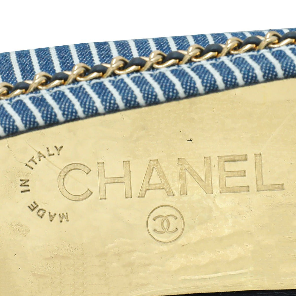 Chanel Bicolor Denim Stripe CC Chain Around Loafers 39.5