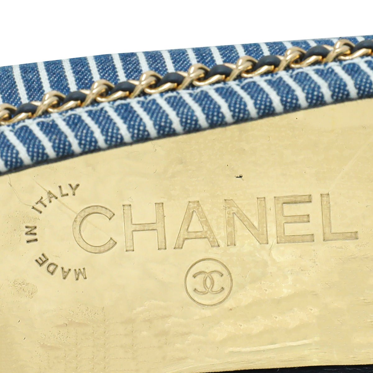 Chanel Bicolor Denim Stripe CC Chain Around Loafers 39.5