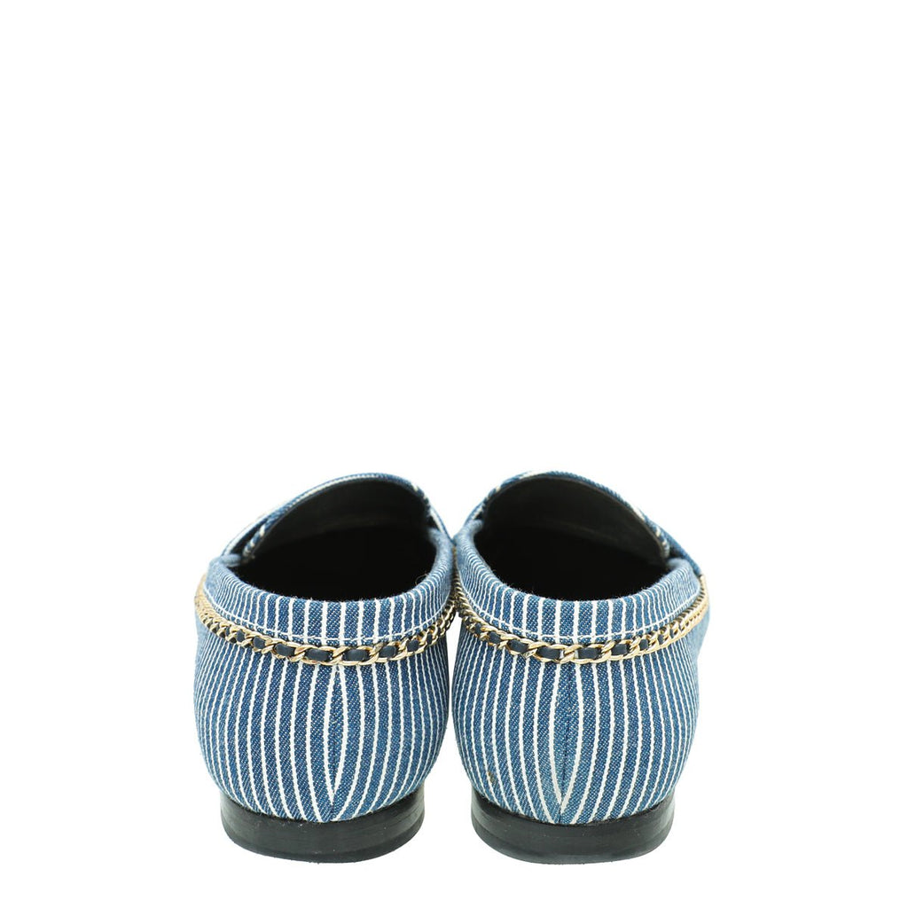 Chanel Bicolor Denim Stripe CC Chain Around Loafers 39.5