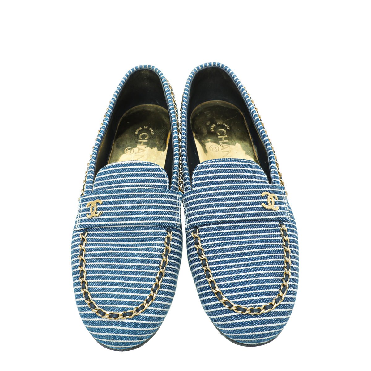 Chanel Bicolor Denim Stripe CC Chain Around Loafers 39.5