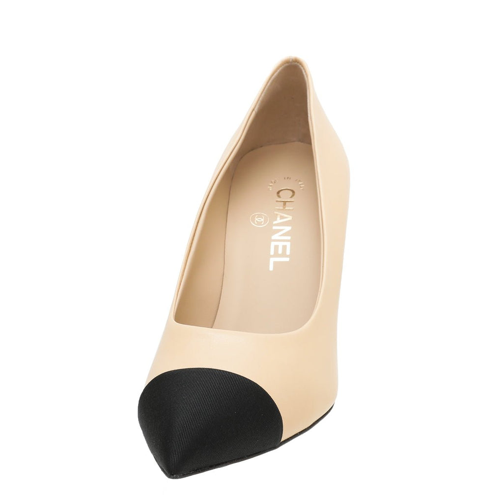 Chanel Bicolor Pearl Heel Pointed Pumps 38