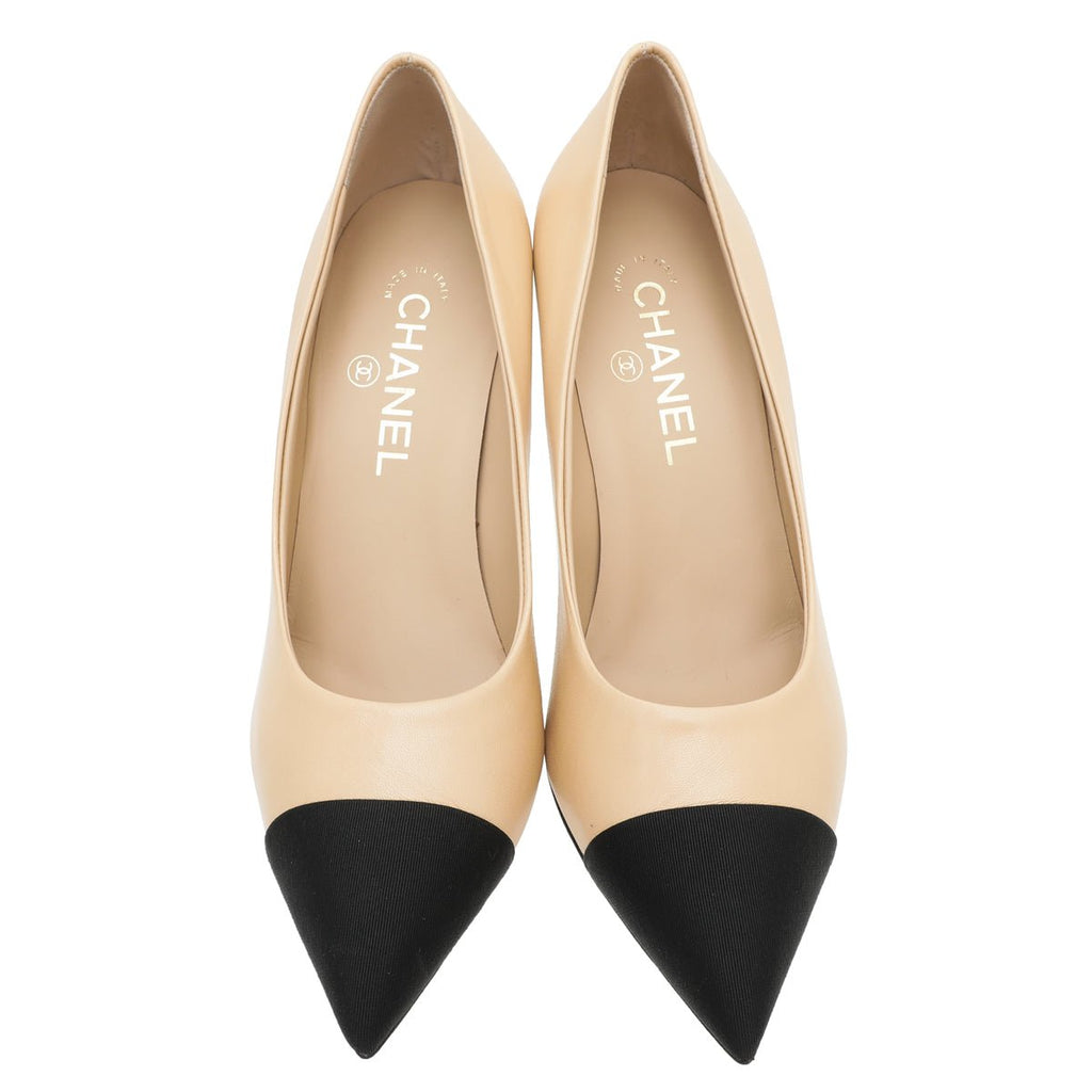 Chanel Bicolor Pearl Heel Pointed Pumps 38