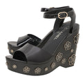 Chanel Black Camellia Party Wedge Sandals 38.5