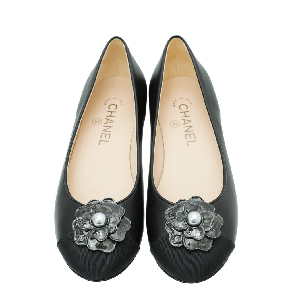 Chanel Black Camellia Pearl Ballet Flats 37.5