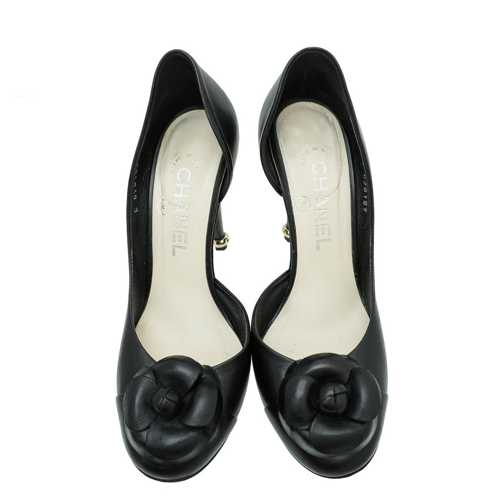 Chanel Black CC Camellia Flower Half-D'Orsay Pumps 36.5
