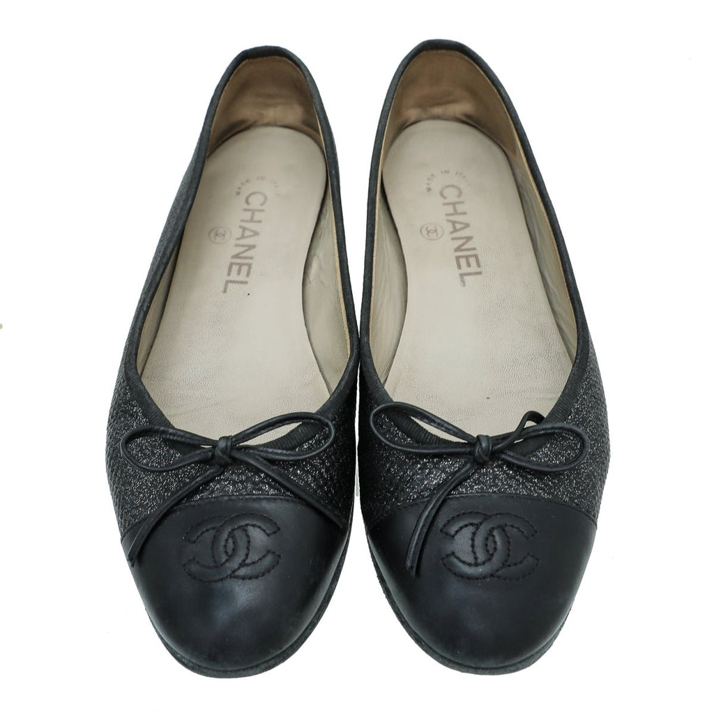 Chanel Black CC Cap Toe Bow Flat Ballerina 37.5