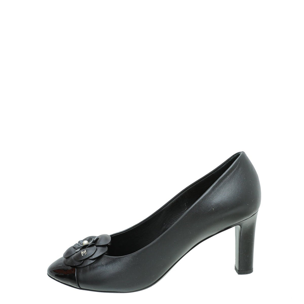 Chanel Black CC Cap Toe Camellia Flower Pump 38.5