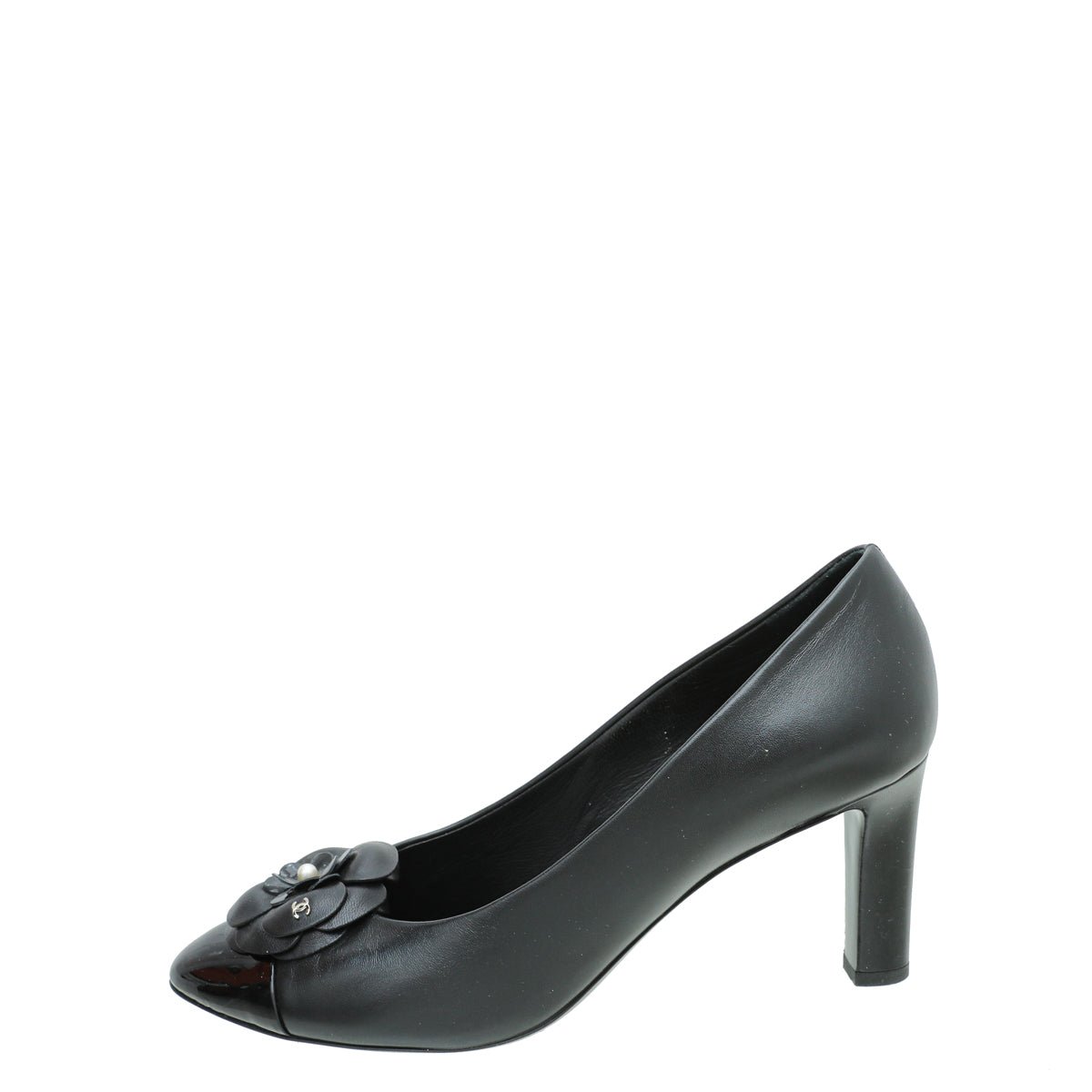 Chanel Black CC Cap Toe Camellia Flower Pump 38.5