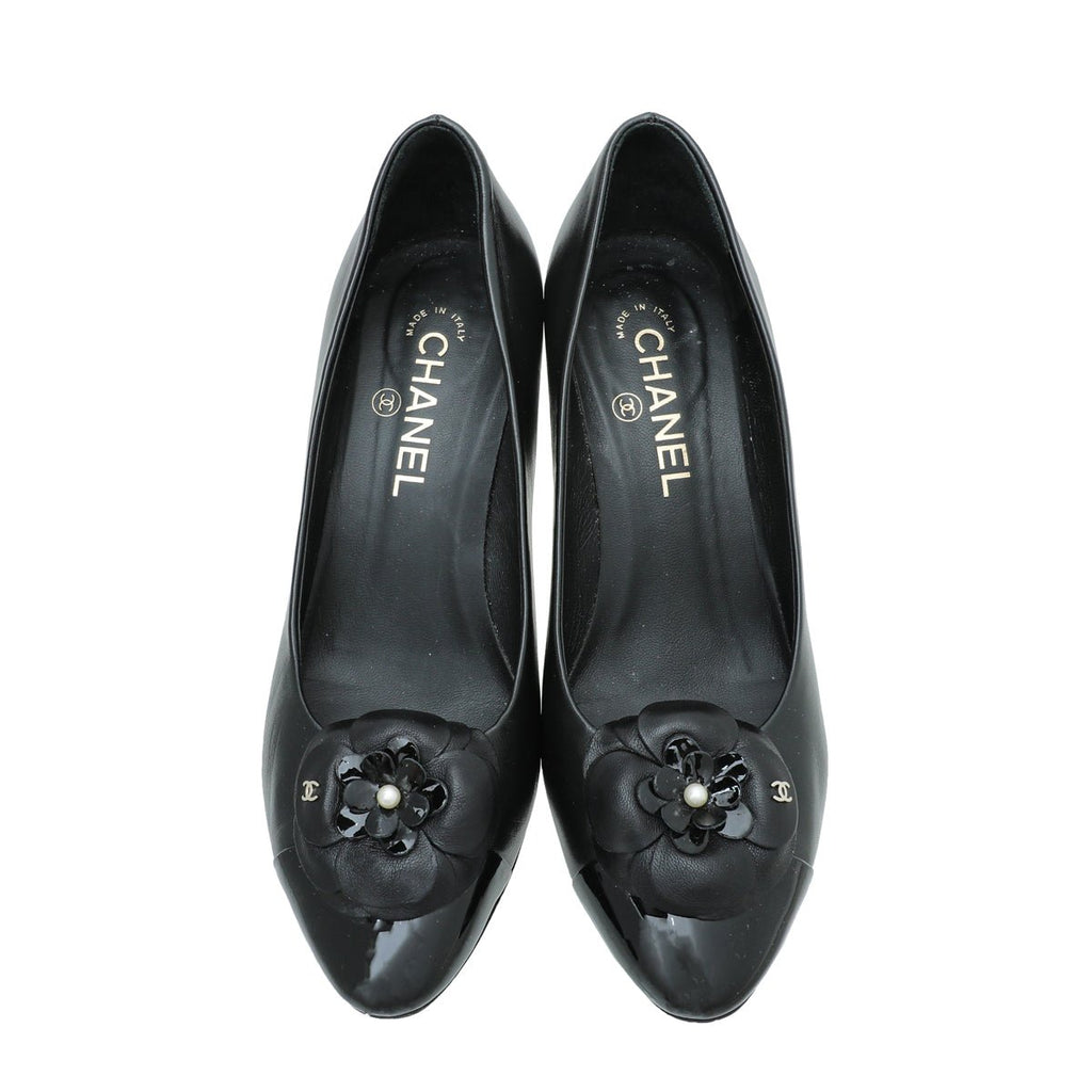 Chanel Black CC Cap Toe Camellia Flower Pump 38.5