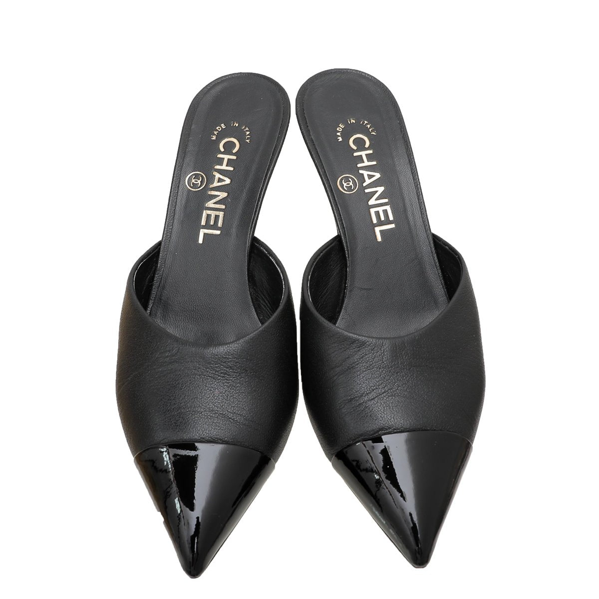 Chanel Black CC Cap Toe Pearl Heel Mules 36
