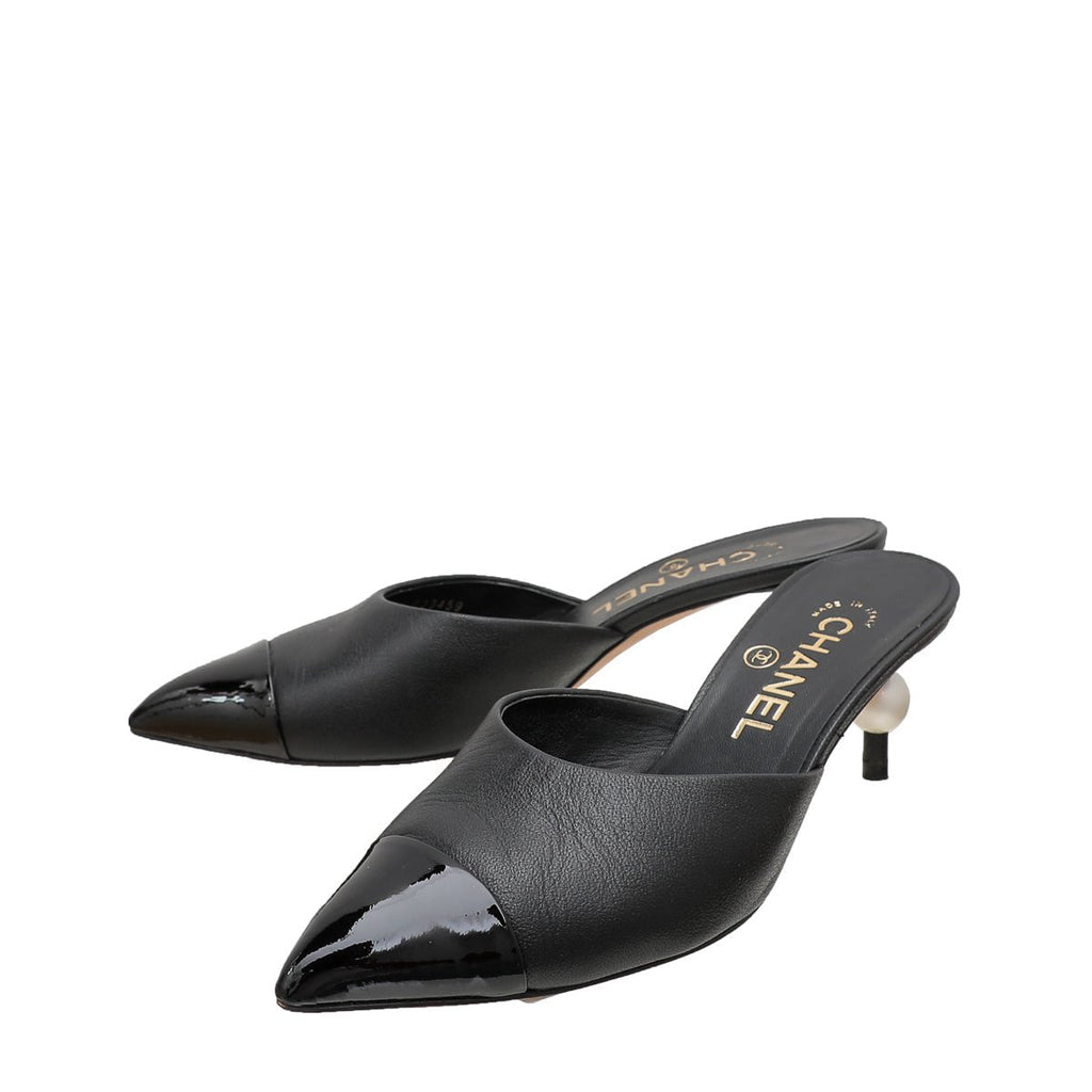 Chanel Black CC Cap Toe Pearl Heel Mules 36