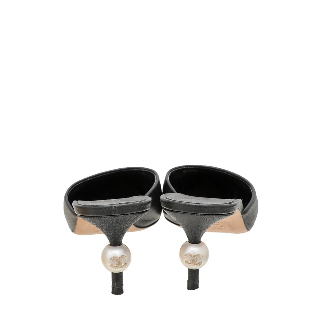 Chanel Black CC Cap Toe Pearl Heel Mules 36