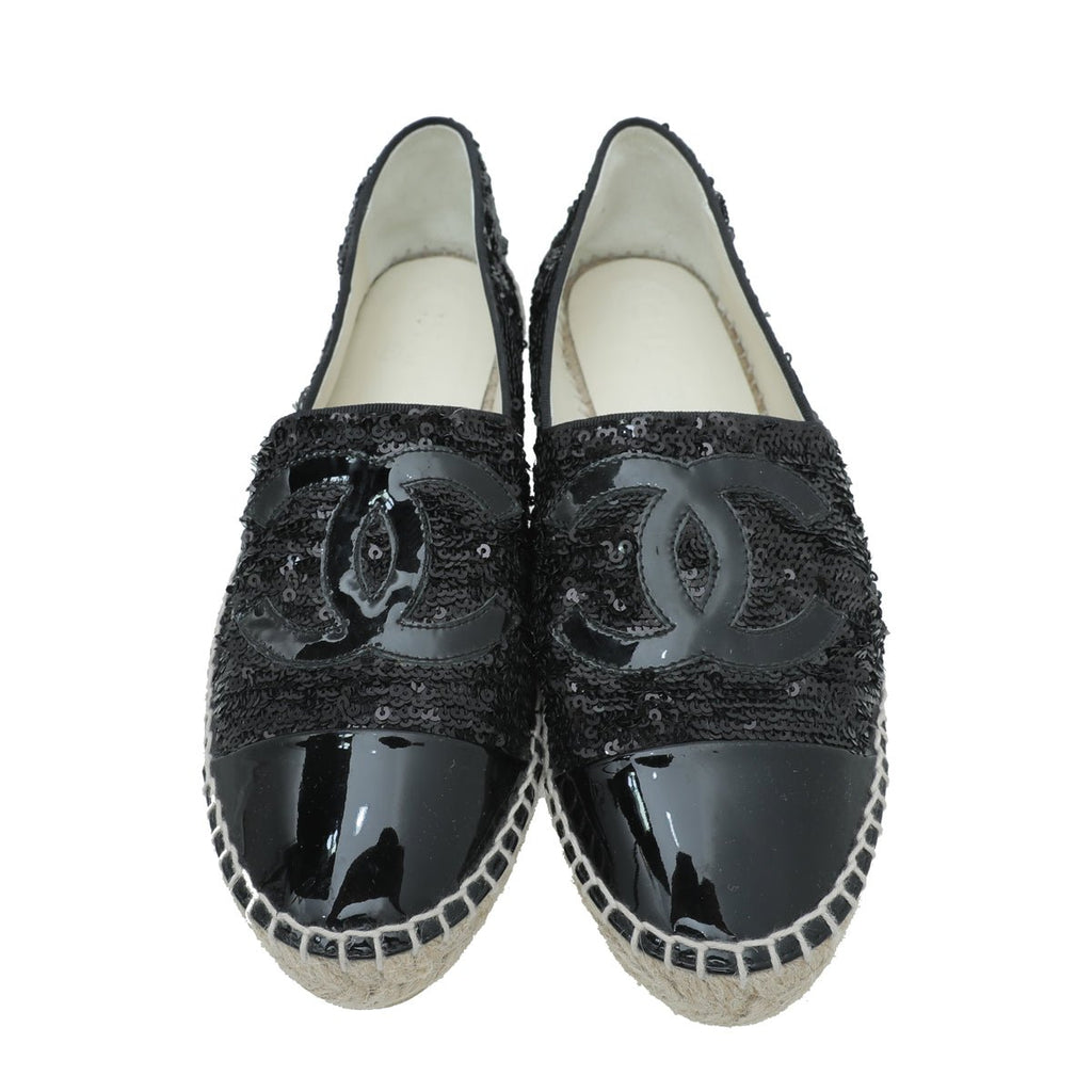 Chanel Black CC Cap Toe Sequin Espadrille 39