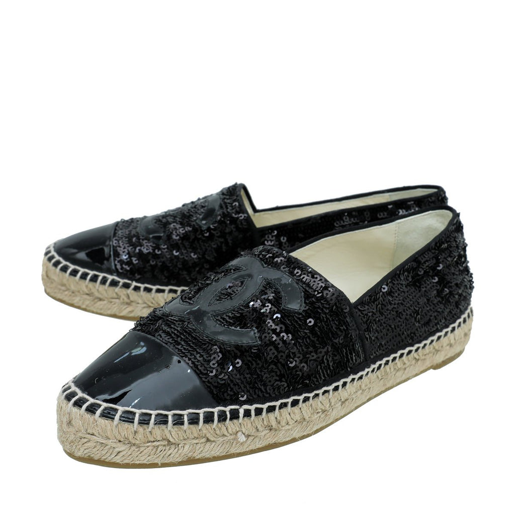 Chanel Black CC Cap Toe Sequin Espadrille 39